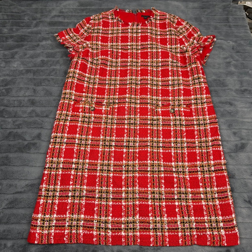 Ann Taylor Red Plaid Tweed Fringe Shift Dress 18 Short Sleeve Pocket Holiday
